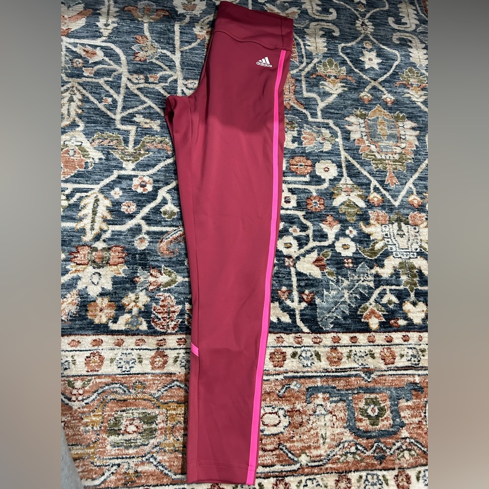 Adidas Maroon Leggings with Pink Stripe